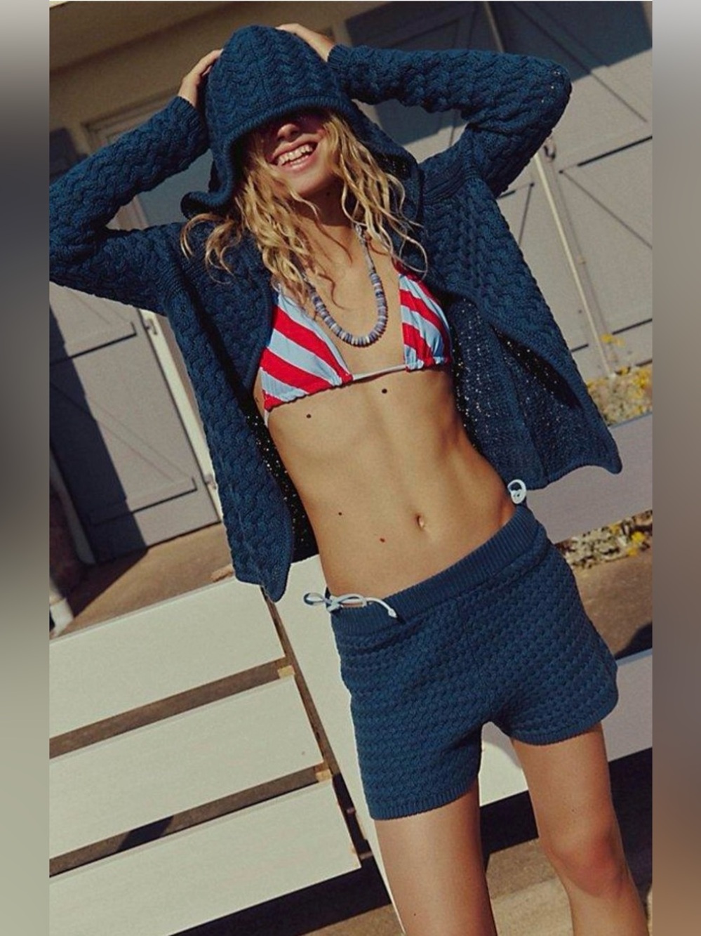 Free People Laguna Love Sweater Set-Hoodie & Shorts-100% Cotton-Navy Blue-New-XS